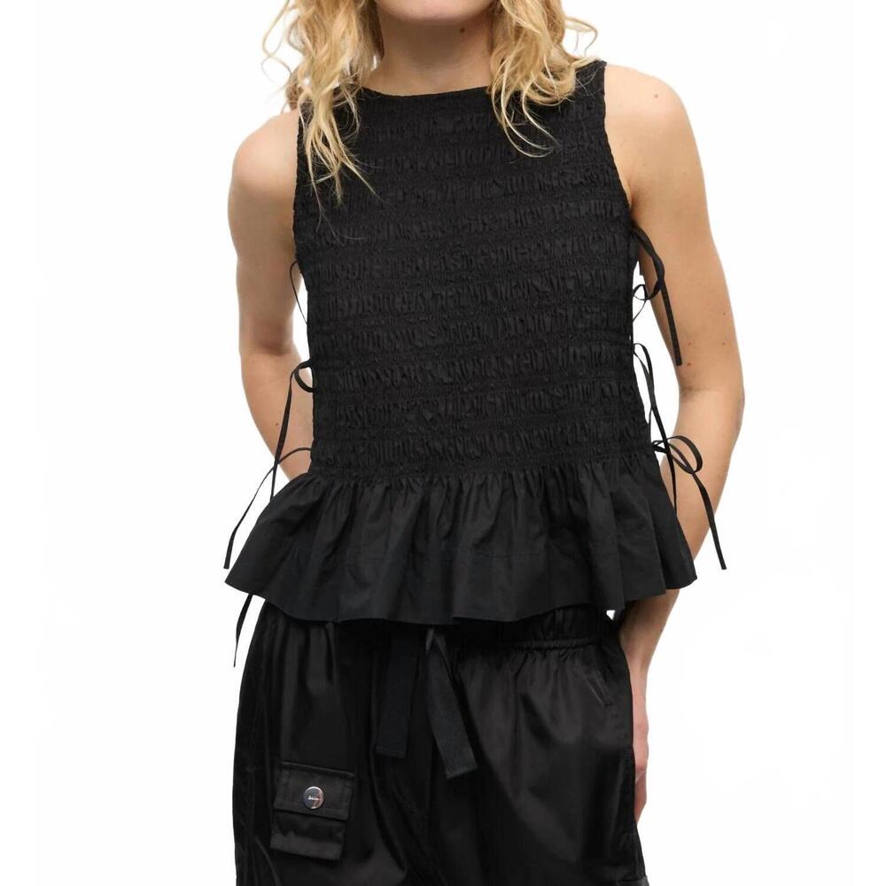 NEW GANNI cotton smock tie top in black